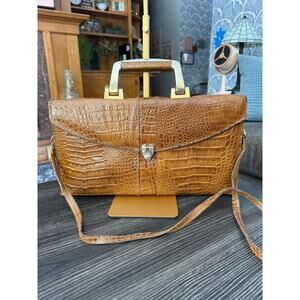 Vintage Amelia Berko 70s Crocodile Leather Convertible Top Handle Expanding Bag